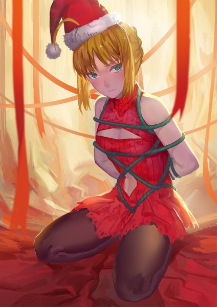 Anime picture 886x1253 with fate (series) fate/stay night type-moon artoria pendragon (all) saber nanaya (daaijianglin) single tall image looking at viewer blush short hair blonde hair sitting green eyes ahoge braid (braids) christmas hands behind back bdsm restrained