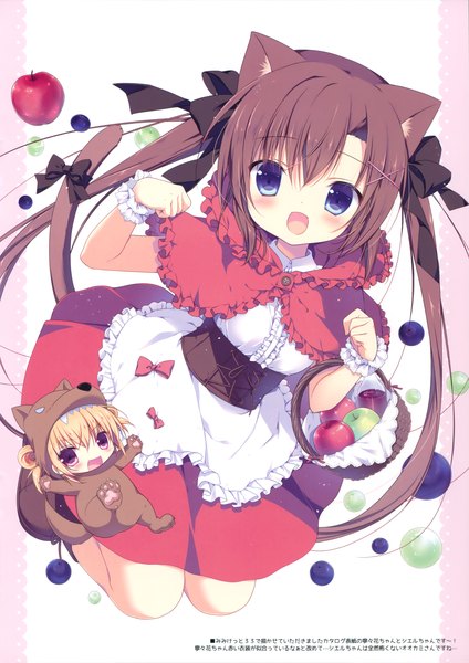 Anime picture 2684x3800 with miyasaka miyu single long hair tall image looking at viewer blush highres open mouth blue eyes brown hair twintails animal ears cat ears scan girl dress bow hair bow food x hair ornament