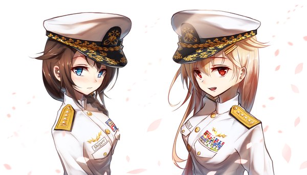 Anime picture 1400x796 with kantai collection shigure destroyer yuudachi destroyer bae.c long hair looking at viewer blush fringe open mouth blue eyes simple background blonde hair red eyes brown hair wide image white background multiple girls ahoge braid (braids) single braid