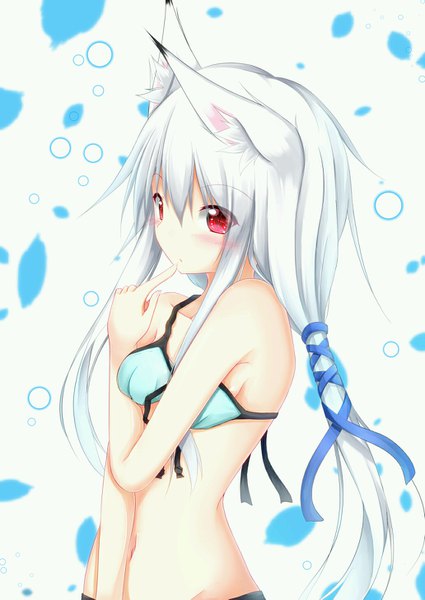 Anime picture 1032x1457 with original masa000010 single long hair tall image looking at viewer blush fringe light erotic simple background red eyes white background white hair head tilt finger to mouth albino girl navel ribbon (ribbons) hair ribbon