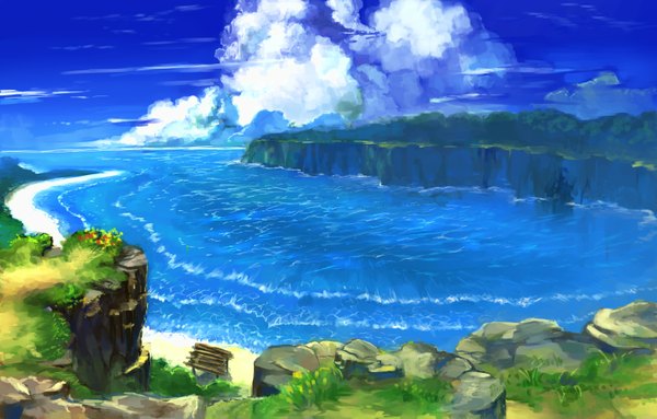Anime picture 1563x1000 with original benitama sky cloud (clouds) no people landscape scenic rock plant (plants) water sea grass