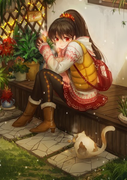 Anime picture 1280x1811 with original huazha01 single long hair tall image blush black hair smile red eyes sitting ponytail girl flower (flowers) plant (plants) animal pantyhose food boots cat sweater