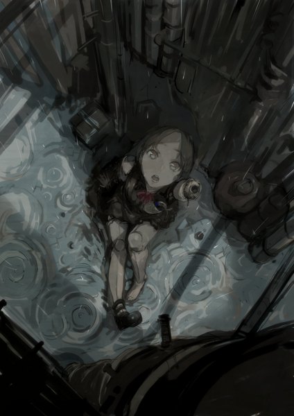 Anime picture 963x1363 with original nimirom single tall image looking at viewer brown hair sitting brown eyes looking up rain doll joints alley girl dress water robot