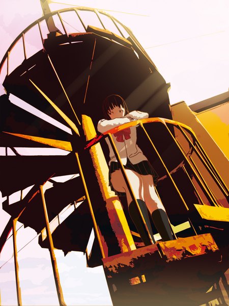Anime picture 1200x1600 with fujita (condor) single tall image short hair brown hair light girl thighhighs skirt uniform school uniform stairs