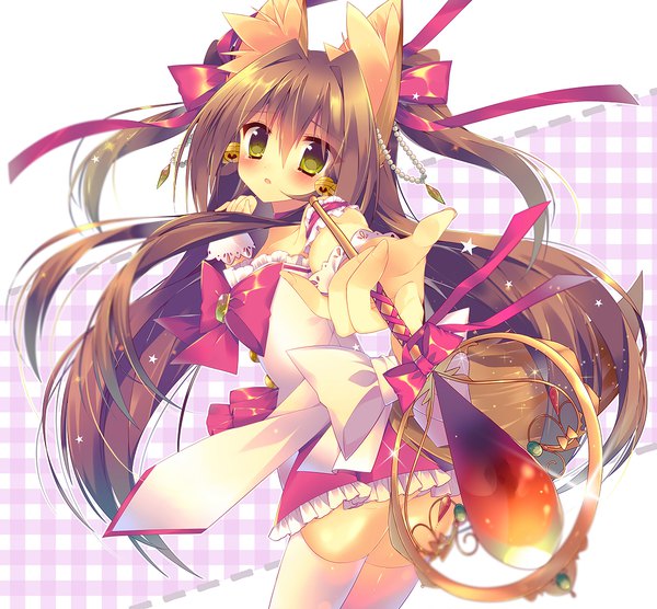 Anime picture 1179x1093 with original monaka natsume single long hair looking at viewer blush fringe light erotic hair between eyes brown hair white background twintails holding green eyes animal ears tail animal tail pleated skirt looking back :o