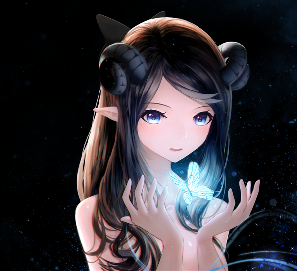 Anime picture 3470x3172 with original ariinine single long hair blush highres blue eyes light erotic black hair absurdres horn (horns) nude pointy ears dark background girl insect butterfly