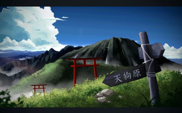 Anime picture 1120x700 with original wotake fox wide image sky cloud (clouds) mountain no people landscape plant (plants) torii