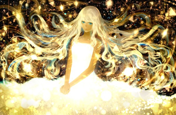 Anime picture 1870x1227 with original bounin single looking at viewer fringe highres blue eyes blonde hair very long hair lips sleeveless floating hair dark skin glowing light hands clasped girl dress white dress