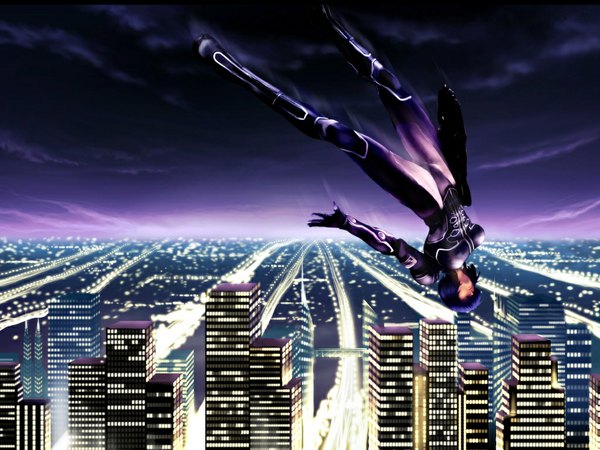 Anime picture 1024x768 with ghost in the shell ghost in the shell: stand alone complex production i.g kusanagi motoko single short hair purple eyes looking away sky cloud (clouds) night sky city cityscape upside down city lights falling girl bodysuit
