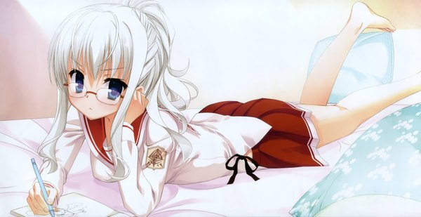 Anime picture 2330x1200 with hidan no aria jeanne d'arc (hidan no aria) kobuichi highres short hair blue eyes wide image white hair barefoot official art girl glasses serafuku pen