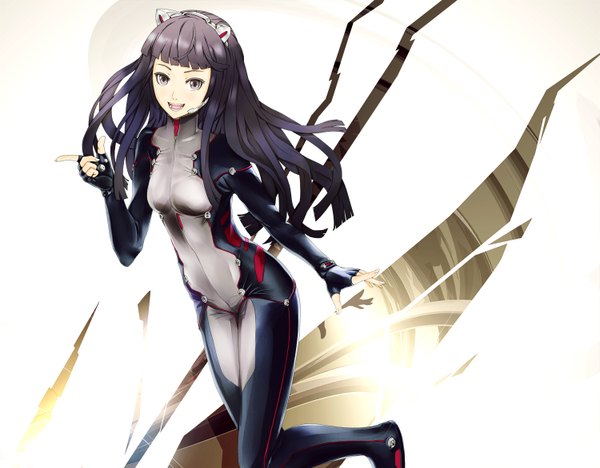 Anime picture 1500x1172 with guilty crown production i.g tsugumi infinote single long hair black hair bent knee (knees) wind black eyes running girl gloves fingerless gloves bodysuit