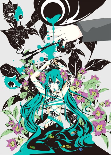 Anime picture 1079x1500 with vocaloid hatsune miku sakisato kiriko single long hair tall image nail polish hair flower aqua eyes light smile aqua hair arms up tattoo mouth hold girl hair ornament flower (flowers) plant (plants) leaf (leaves) insect