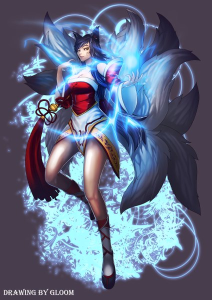 Anime picture 3508x4961 with league of legends ahri (league of legends) gloomines (evolvis) single long hair tall image highres black hair brown eyes animal ears absurdres legs magic multiple tails girl bell jingle bell