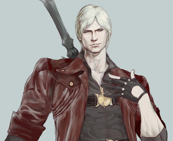 Anime picture 1365x1112 with devil may cry dante (devil may cry) single short hair blue eyes simple background white hair boy sword jacket fingerless gloves