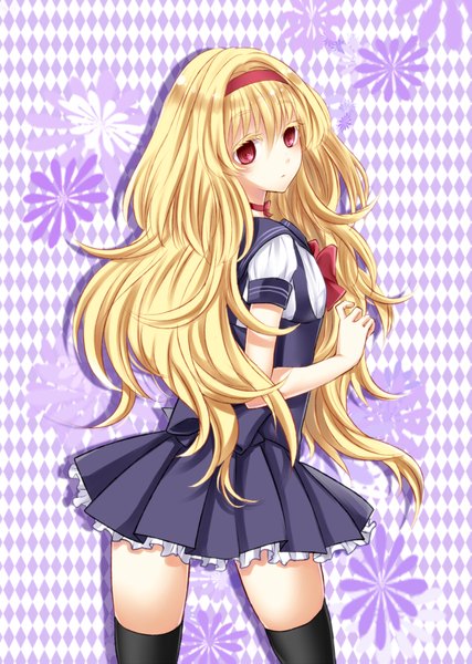Anime picture 1274x1791 with original yayoi (egoistic realism) single long hair tall image blonde hair red eyes looking back girl serafuku hairband