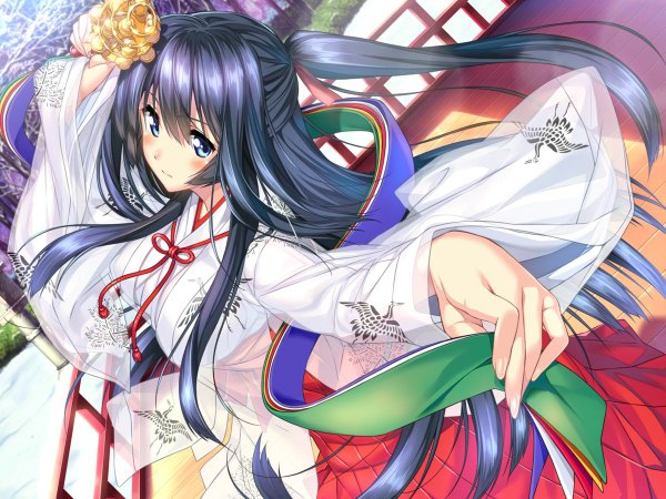 Anime picture 1200x900 with amakano takayashiro sayuki piromizu single long hair looking at viewer blush fringe blue eyes black hair holding game cg outdoors ponytail traditional clothes japanese clothes fingernails side ponytail miko girl