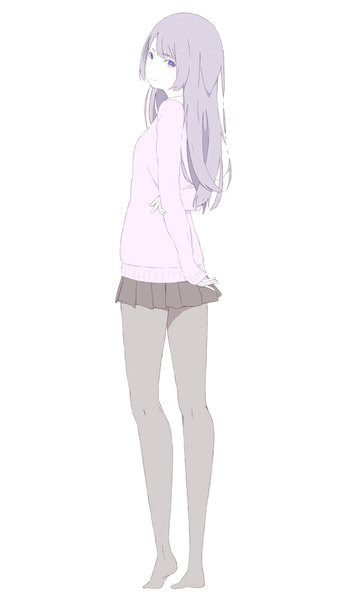 Anime picture 645x1100 with original natuich single long hair tall image fringe simple background standing white background purple eyes purple hair pleated skirt looking back no shoes hands behind back girl skirt miniskirt pantyhose