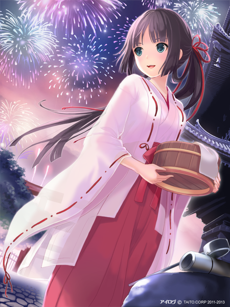 Anime-Bild 640x853 mit ilog sugawara kagura occhan single long hair tall image blush blue eyes black hair smile standing holding looking away sky ponytail long sleeves traditional clothes japanese clothes wide sleeves miko