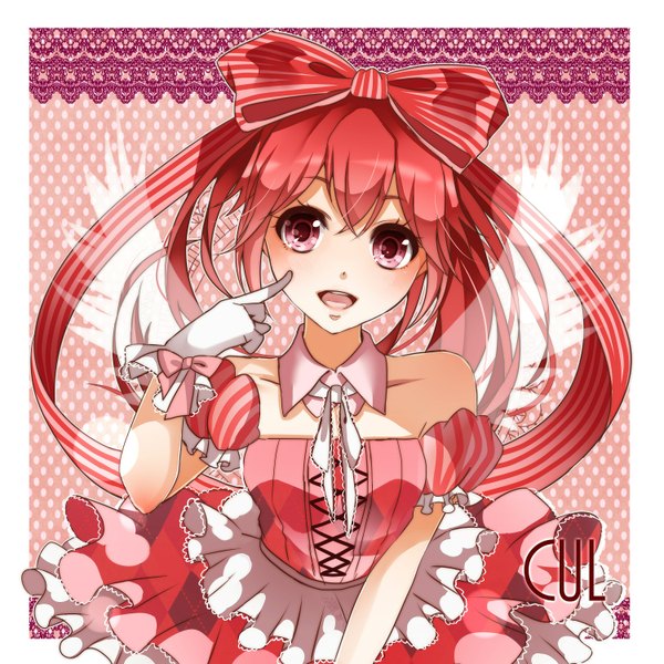 Anime picture 1500x1500 with vocaloid cul nou single long hair open mouth bare shoulders ponytail red hair :d pink eyes character names border angel wings polka dot outside border polka dot background cheek poke girl dress