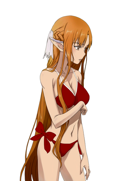 Anime picture 1122x1600 with sword art online a-1 pictures yuuki asuna shugo19 single long hair tall image fringe breasts light erotic brown hair bare shoulders brown eyes looking away braid (braids) very long hair parted lips profile pointy ears bare belly