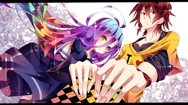 Anime picture 1920x1080 with no game no life madhouse shiro (no game no life) sora (no game no life) nuira long hair looking at viewer blush highres short hair hair between eyes red eyes brown hair wide image brown eyes multicolored hair two-tone hair couple letterboxed girl