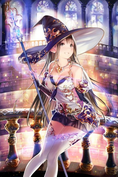 Anime picture 800x1199 with original genjin single long hair tall image blush blue eyes brown hair girl thighhighs dress hat detached sleeves white thighhighs witch hat staff