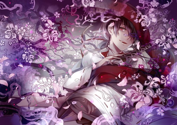 Anime picture 1011x716 with original matsunaka hiro single looking at viewer fringe black hair red eyes traditional clothes japanese clothes hair over one eye androgynous flower (flowers) ribbon (ribbons) weapon petals sword kimono katana