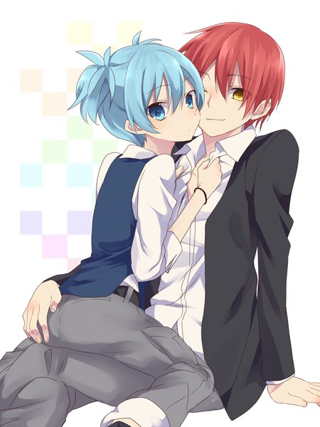 Anime picture 768x1024 with ansatsu kyoushitsu shiota nagisa akabane karma hi-ma tall image looking at viewer fringe short hair blue eyes light erotic simple background smile hair between eyes sitting twintails yellow eyes blue hair ass red hair long sleeves