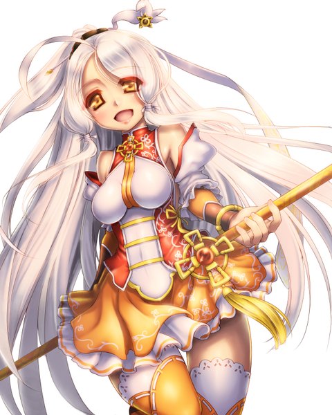 Anime picture 1280x1600 with elsword ara haan little xia (elsword) ecell (artist) single long hair tall image looking at viewer blush breasts open mouth light erotic simple background smile white background yellow eyes white hair girl thighhighs dress