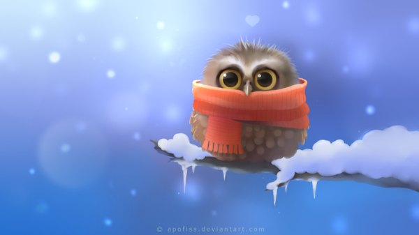 Anime picture 1920x1080 with apofiss single highres wide image signed yellow eyes wallpaper snowing winter snow no people animal scarf bird (birds) owl