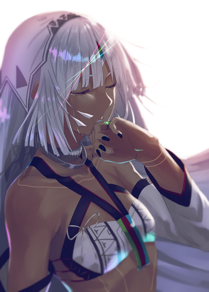 Anime picture 1107x1544 with fate (series) fate/grand order altera (fate) lip-mil single tall image fringe short hair simple background bare shoulders upper body white hair eyes closed nail polish parted lips fingernails tears black nail polish hand on face bodypaint