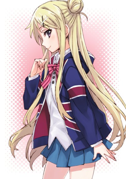 Anime picture 600x847 with kin-iro mosaic kujou karen matsuryuu single long hair tall image looking at viewer blush blonde hair brown eyes open clothes open jacket hair bun (hair buns) finger to mouth flag print girl skirt hair ornament miniskirt shirt