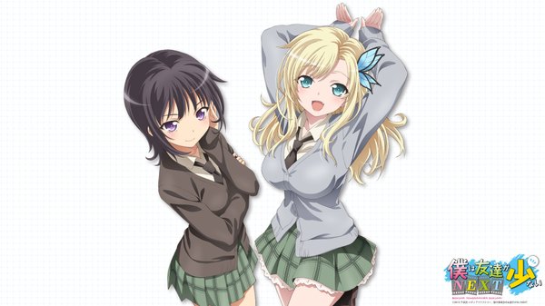 Anime picture 1920x1080 with boku wa tomodachi ga sukunai kashiwazaki sena mikazuki yozora long hair blush highres short hair open mouth blue eyes black hair blonde hair simple background wide image white background purple eyes multiple girls girl skirt uniform hair ornament