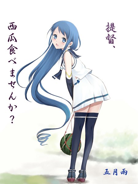 Anime picture 800x1067 with kantai collection samidare destroyer niwatori kokezou single long hair tall image looking at viewer blush open mouth blue eyes blue hair inscription hieroglyph girl thighhighs gloves black thighhighs elbow gloves food berry (berries)