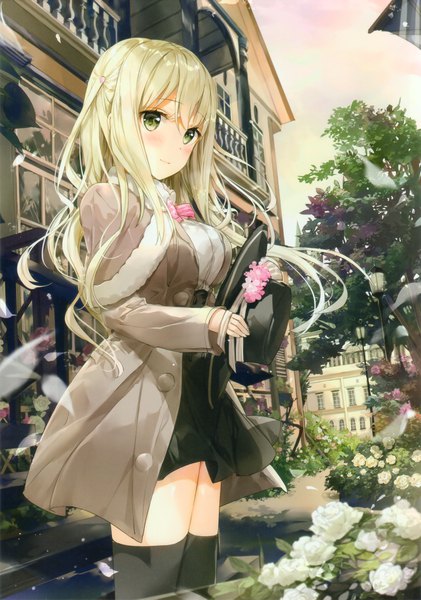 Anime picture 2129x3032 with original fuumi (radial engine) single long hair tall image blush fringe highres breasts blonde hair smile hair between eyes holding green eyes looking away outdoors wind scan zettai ryouiki hat removed