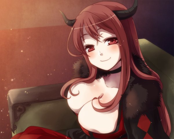 Anime picture 1050x840 with maoyuu maou yuusha arms corporation maou (maoyuu) hifmoon long hair blush breasts light erotic smile red eyes large breasts red hair horn (horns) girl dress