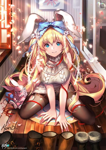 Anime picture 720x1022 with original kyjsogom single tall image looking at viewer fringe breasts blue eyes light erotic blonde hair smile hair between eyes large breasts sitting twintails animal ears full body indoors very long hair bunny ears