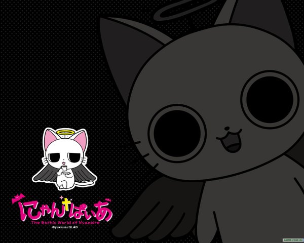 Anime picture 1280x1024 with nyanpire the animation nyantenshi smile inscription black background animal wings cat halo