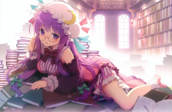 Anime picture 3458x2256 with touhou patchouli knowledge an2a single long hair looking at viewer highres purple eyes bare shoulders absurdres purple hair girl dress bow hair bow detached sleeves glasses book (books) bonnet shelf