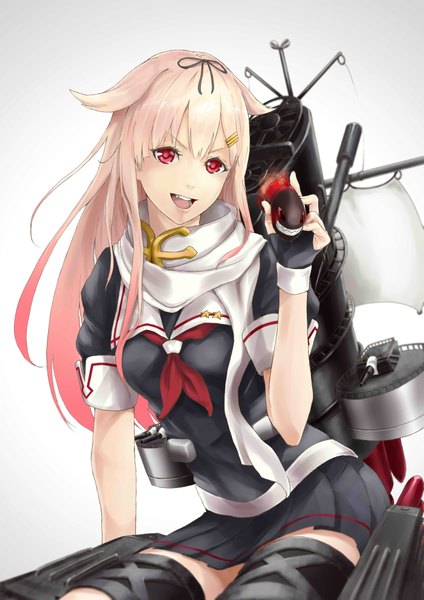 Anime picture 2893x4092 with kantai collection yuudachi destroyer yuki (sonma 1426) single long hair tall image looking at viewer highres open mouth blonde hair simple background red eyes white background pink hair pleated skirt multicolored hair short sleeves gradient background gradient hair remodel (kantai collection)