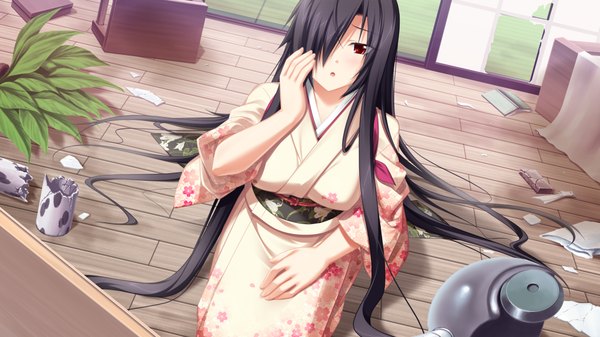 Anime picture 1024x576 with soukoku no arterial long hair fringe black hair red eyes wide image game cg japanese clothes hair over one eye girl kimono obi