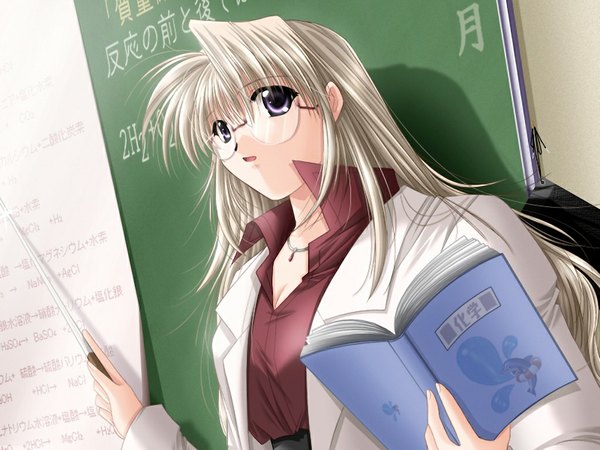 Anime picture 1024x768 with izumo (game) yamamoto kazue purple eyes game cg white hair teacher girl