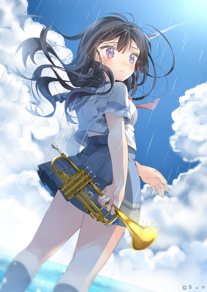 Anime picture 1000x1406 with hibike! euphonium kyoto animation kousaka reina h shai single long hair tall image blush black hair purple eyes holding looking away sky cloud (clouds) wind from below tears girl uniform serafuku