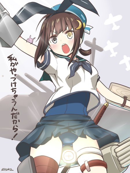Anime picture 1200x1600 with kantai collection shimakaze destroyer takao heavy cruiser fubuki destroyer uzuki destroyer furutaka heavy cruiser ryuki (ryukisukune) single tall image blush short hair open mouth light erotic brown hair signed yellow eyes looking away pleated skirt black eyes heterochromia