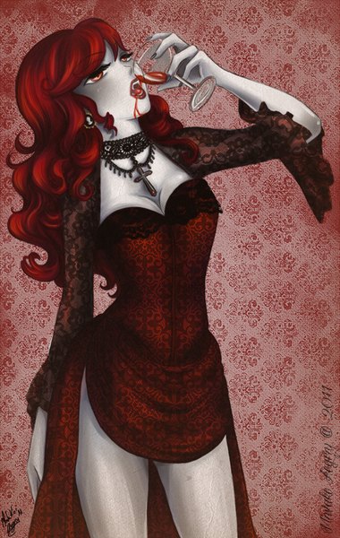 Anime picture 1499x2362 with aogiry miwako single long hair tall image red eyes standing signed red hair long sleeves teeth fang (fangs) vampire 2011 girl dress blood cross wine glass
