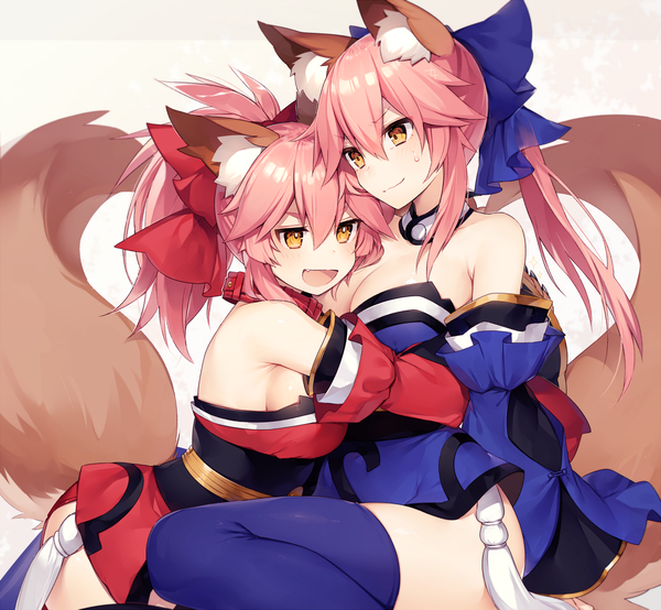 Anime picture 1082x1000 with fate (series) fate/grand order fate/extra tamamo (fate) (all) tamamo no mae (fate) muryotaro long hair blush fringe breasts open mouth light erotic simple background hair between eyes large breasts white background sitting bare shoulders multiple girls animal ears