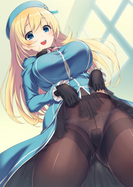 Anime picture 1066x1490 with kantai collection atago heavy cruiser akanagi youto single long hair tall image blush breasts open mouth blue eyes light erotic blonde hair large breasts girl dress gloves underwear panties pantyhose beret