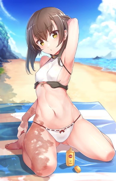 Anime picture 800x1241 with kantai collection taihou armored aircraft carrier konnyaku (kk-monmon) single tall image looking at viewer fringe short hair breasts light erotic hair between eyes brown hair sitting yellow eyes sky cloud (clouds) full body arm up shadow armpit (armpits)