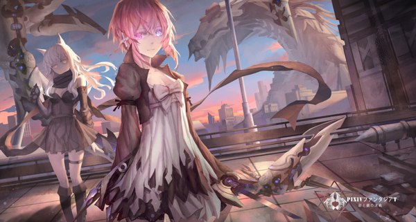 Anime picture 1676x898 with original pixiv fantasia pixiv fantasia t zxq long hair looking at viewer fringe short hair smile wide image standing purple eyes multiple girls holding animal ears yellow eyes pink hair sky cloud (clouds) white hair