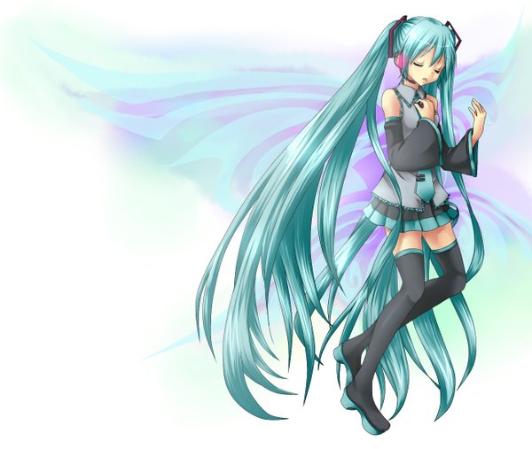 Anime picture 1300x1100 with vocaloid hatsune miku etou (cherry7) single long hair twintails bare shoulders eyes closed aqua hair girl skirt detached sleeves miniskirt wings necktie thigh boots